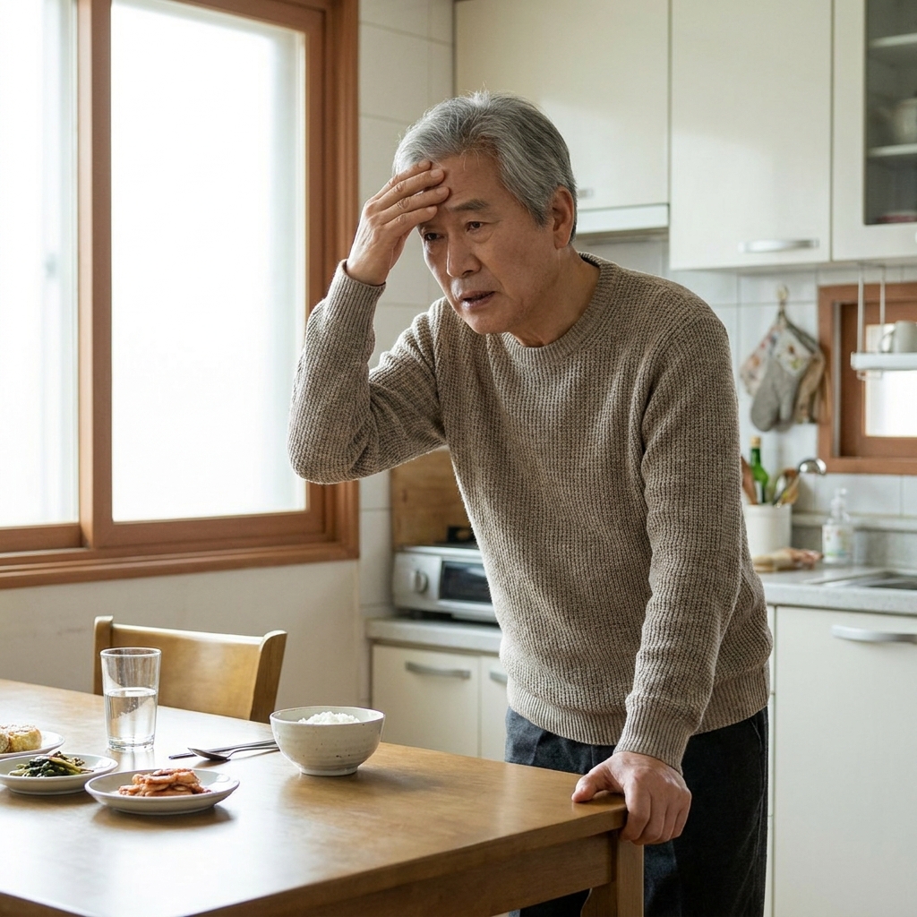 식사 후 어지럼증을 느끼며 식탁 모서리를 짚고 있는 한국인 노인의 모습, 자연광, 일상적인 주방 배경