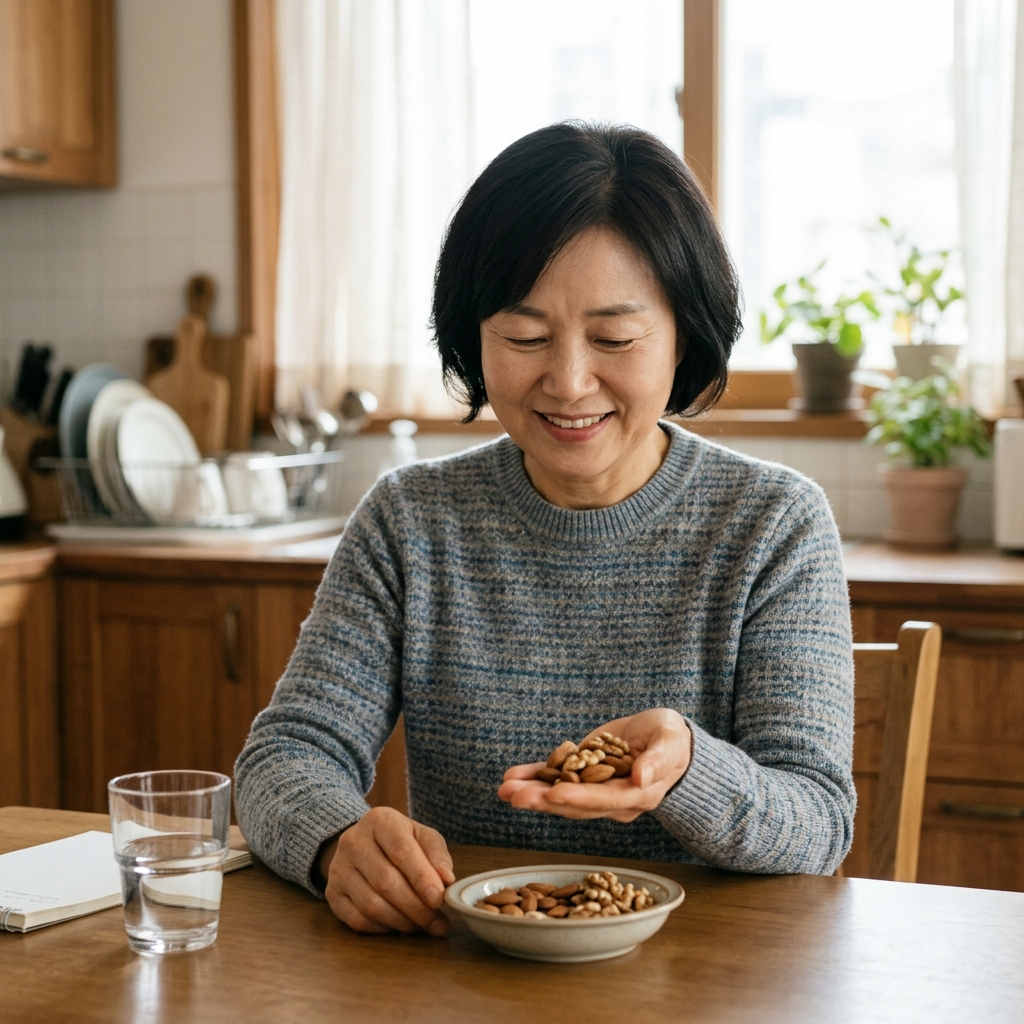 책상 위에 놓인 호두와 아몬드 한 줌, 자연광 아래 한국인 중장년 여성이 견과류를 손에 들고 있는 장면
