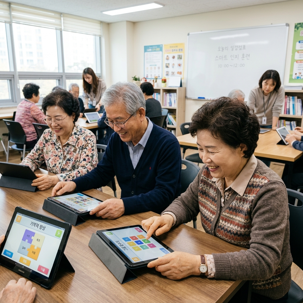 60대 한국인 어르신들이 밝은 복지관 교실에서 태블릿PC를 활용한 인지훈련 프로그램에 참여하는 모습