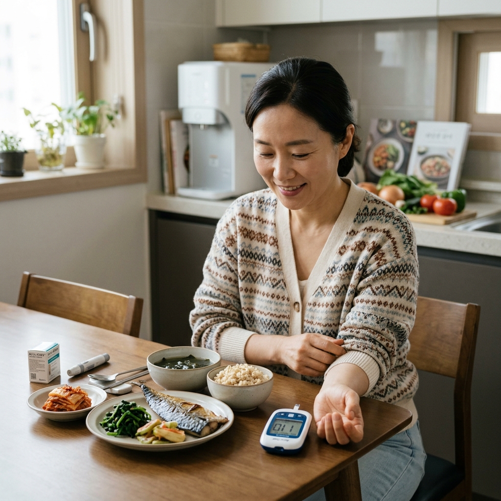 혈당 측정기와 식단 관리 장면