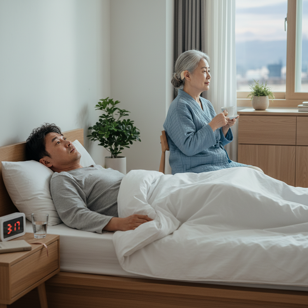 침대에서 불면증으로 뒤척이는 중년 한국인과 보청기를 착용한 노년 한국인의 모습