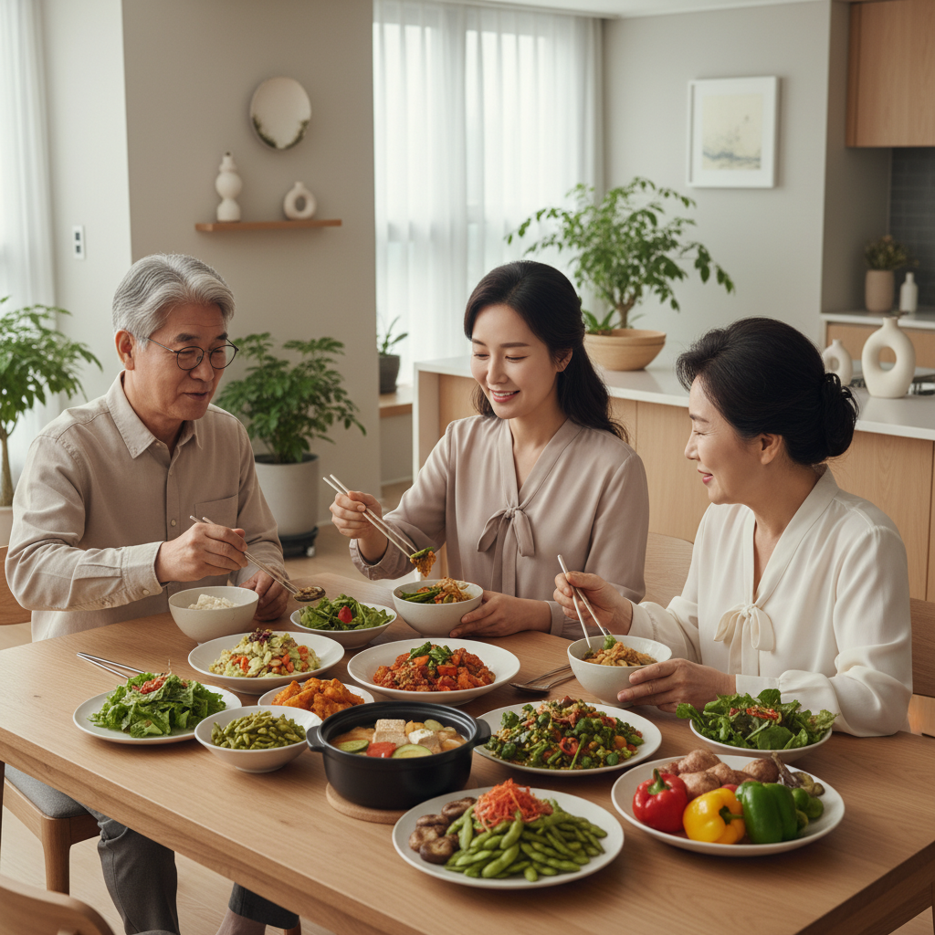채소와 콩류 중심 식탁 장면