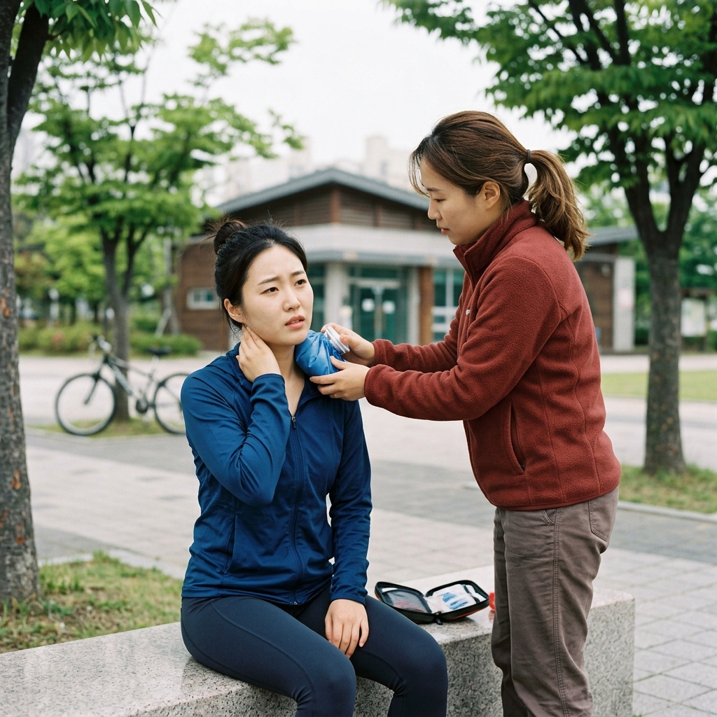 목 부상 응급처치 장면