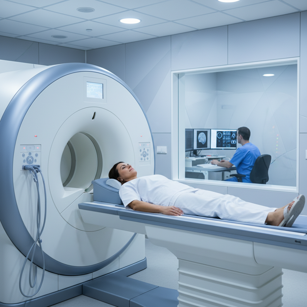 뇌 MRI 촬영 장면을 보여주는 의료 장비와 환자