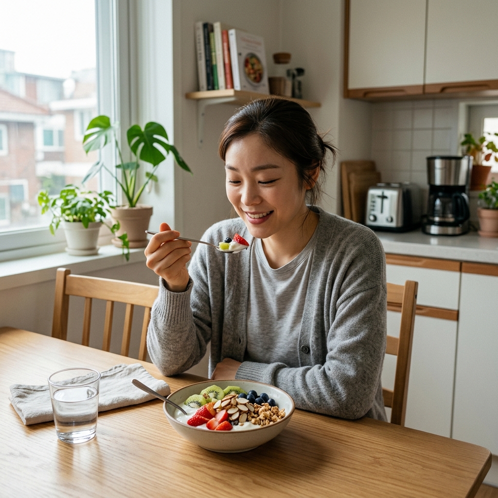 그릭요거트에 과일과 견과류를 올린 아침 식사 장면
