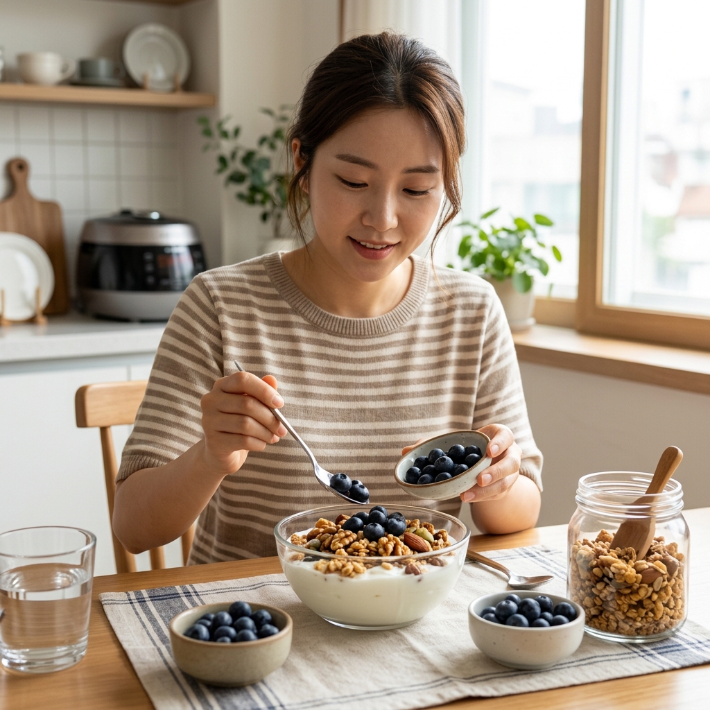 그릭요거트와 함께 준비된 블루베리, 그래놀라