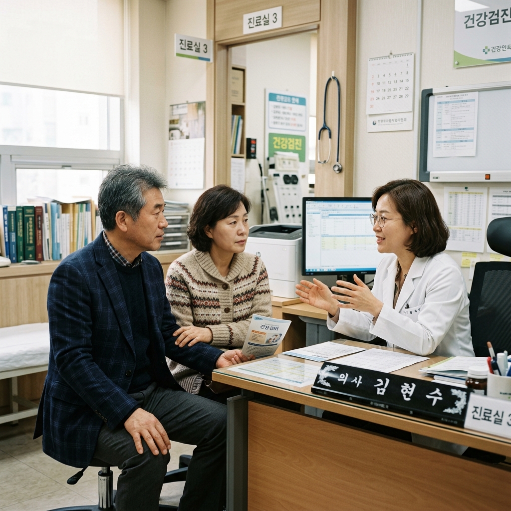 진료실에서 의사와 상담 중인 중년 남성과 보호자