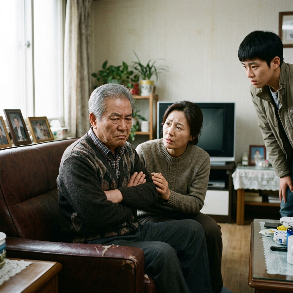 화난 표정의 노인과 걱정스러운 가족