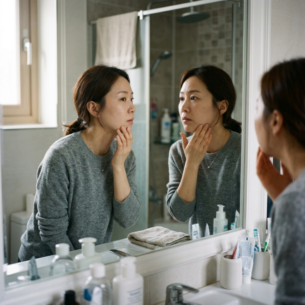 턱선을 만지며 거울을 보는 30대 여성