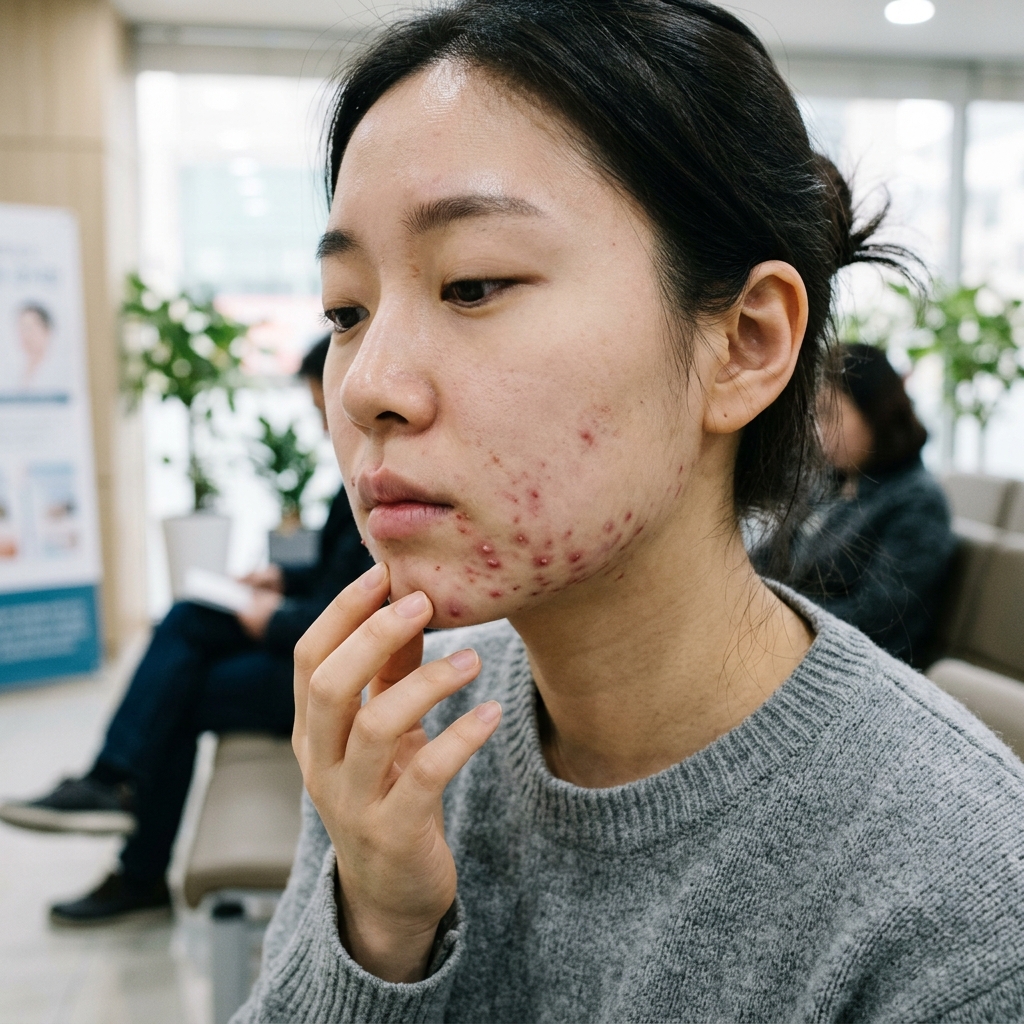 턱과 입 주변에 집중된 붉은 여드름