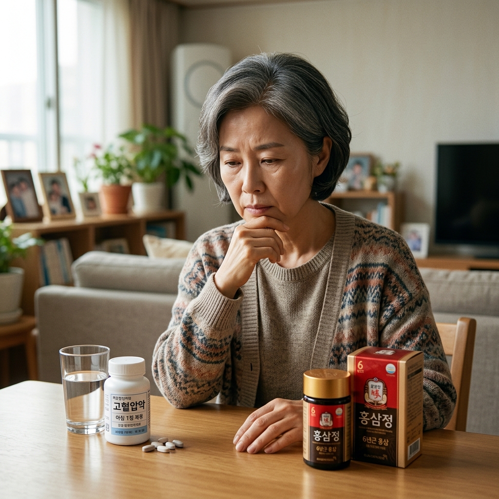 혈압약과 홍삼 제품을 함께 놓고 고민하는 중장년 모습