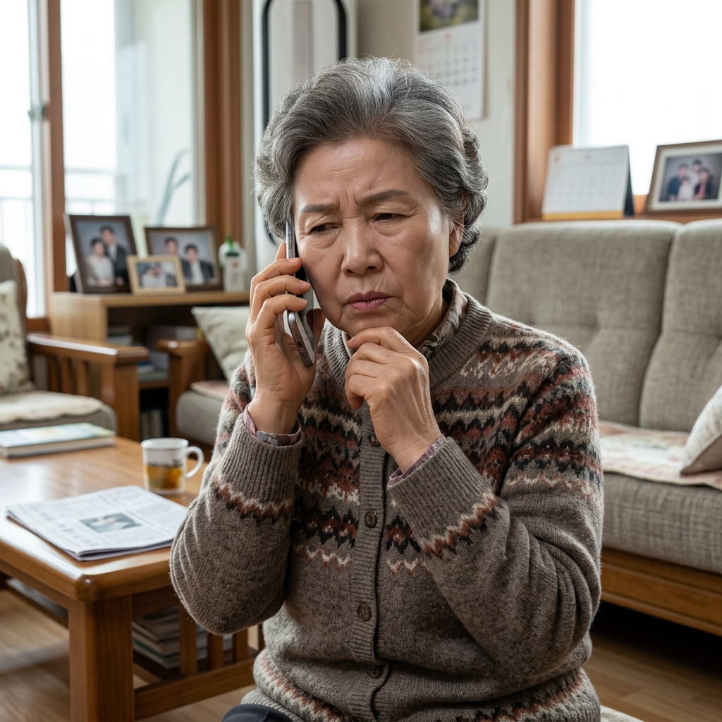 전화를 받으며 의심스러운 표정을 짓는 70대 한국인 어르신