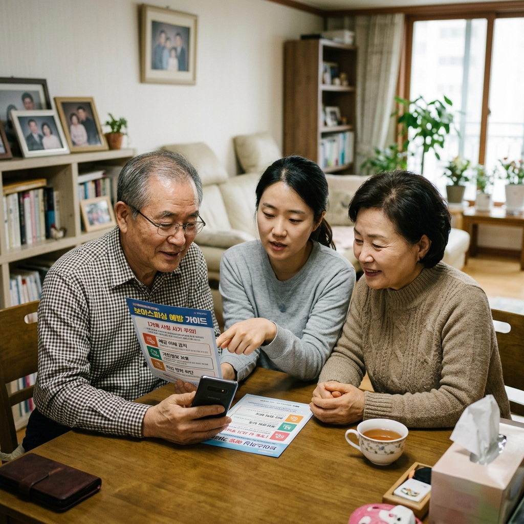 가족과 함께 전화 사기 예방 방법을 확인하는 70대 부모님