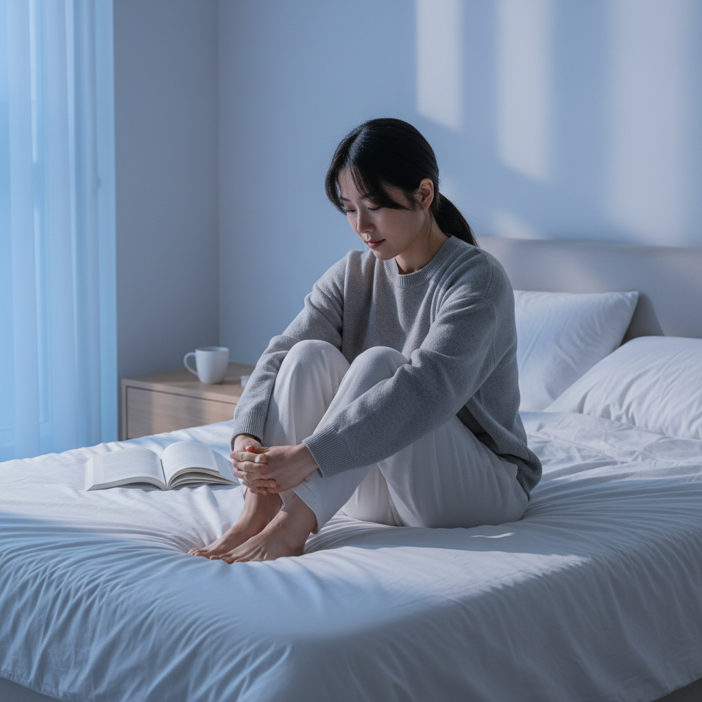 새벽에 침대 위에서 다리를 잡고 있는 한국인의 모습