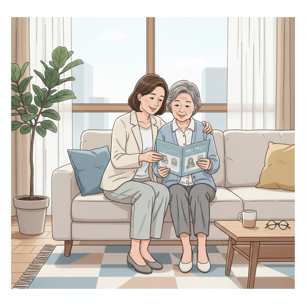 거실 소파에 나란히 앉아 요실금 제품 안내서를 함께 보고 있는 중년 여성과 노년 여성
