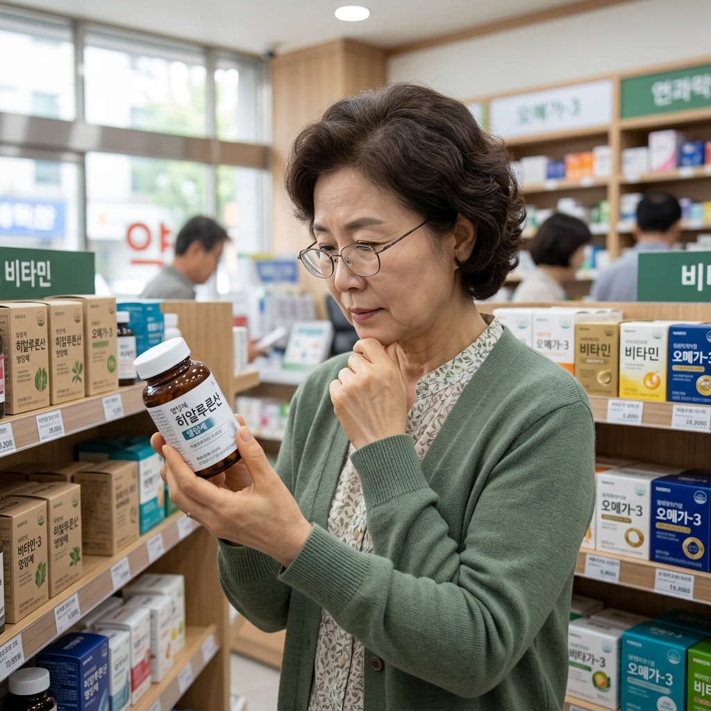 히알루론산 영양제를 살펴보는 중년 여성