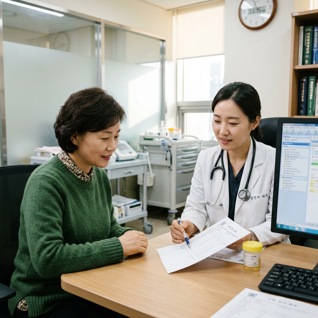 병원 진료실에서 소변검사 결과를 설명 받는 한국인 중년 여성과 의료진