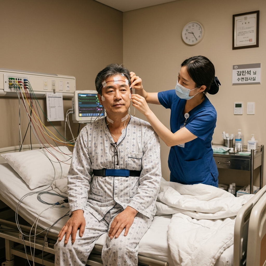 병원 수면검사실에서 검사 준비 중인 중장년 한국인의 모습