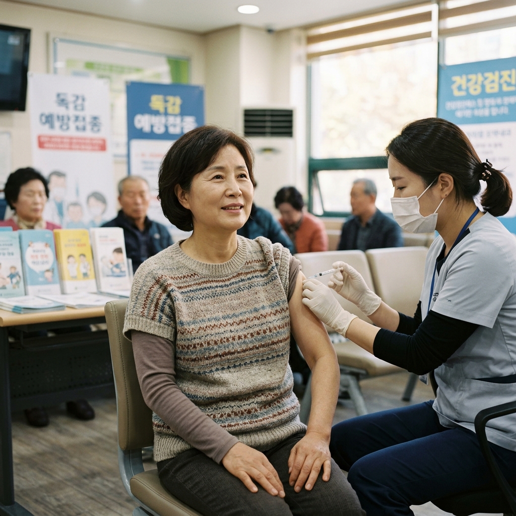 가을철 병원에서 독감 예방접종을 받는 중장년 한국인의 모습