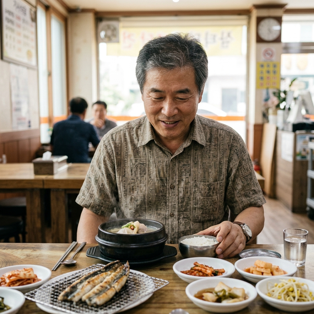 삼계탕과 장어구이가 함께 놓인 식탁을 바라보는 중년 한국인의 모습