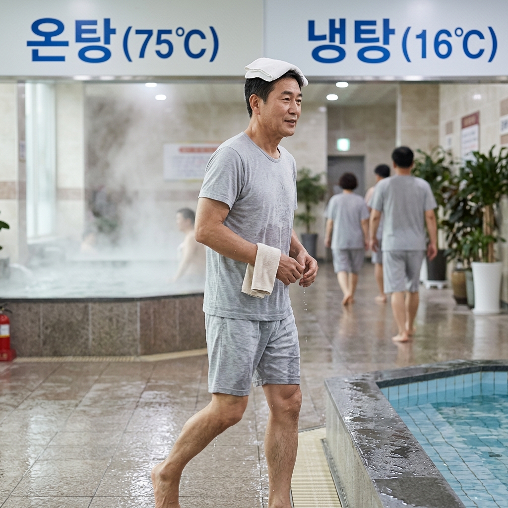 찜질방 온탕과 냉탕 사이를 오가는 중년 한국인의 모습