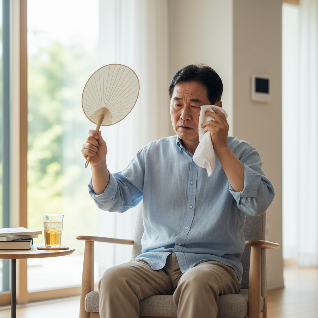 여름 무더위 속 실내에서 의자에 앉아 부채질하며 땀을 닦고 있는 70대 한국인 남성의 모습