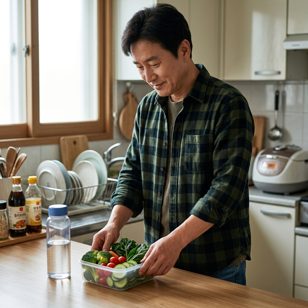 식이섬유가 풍부한 채소와 물 한 병을 챙기는 중장년의 모습