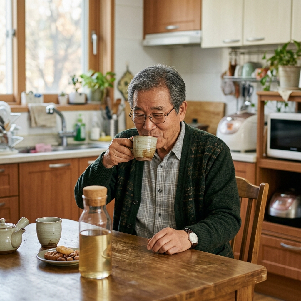 부엌 식탁에서 따뜻한 보리차를 마시는 한국인 시니어 남성과 물병을 앞에 둔 모습