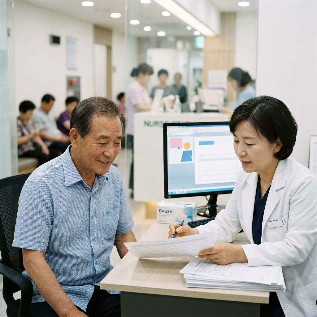 밝은 색 반팔 셔츠 차림의 75세 한국인 남성이 병원 진료실에서 의사와 접종 일정을 상담하는 장면