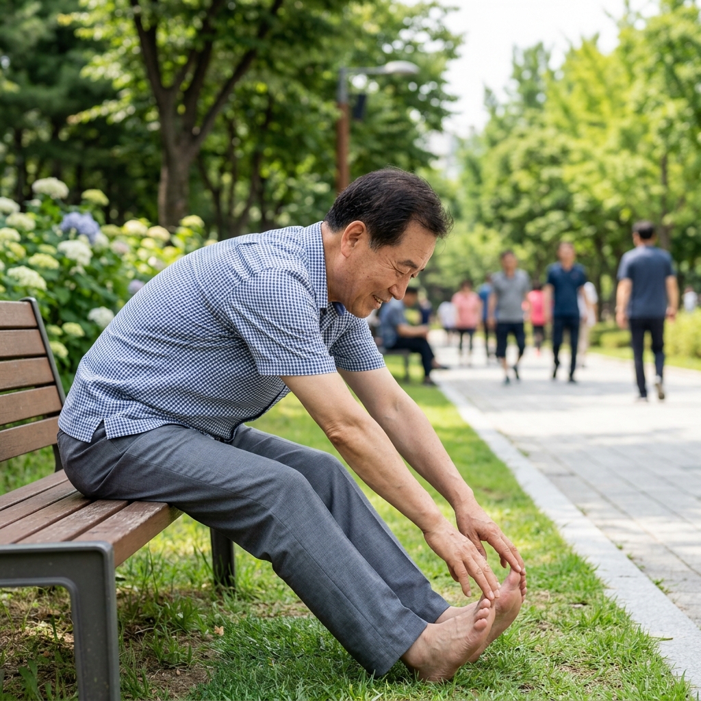 반팔 셔츠 입은 한국인 70대 남성이 의자에 앉아 양쪽 발끝을 만지며 감각을 확인하는 장면