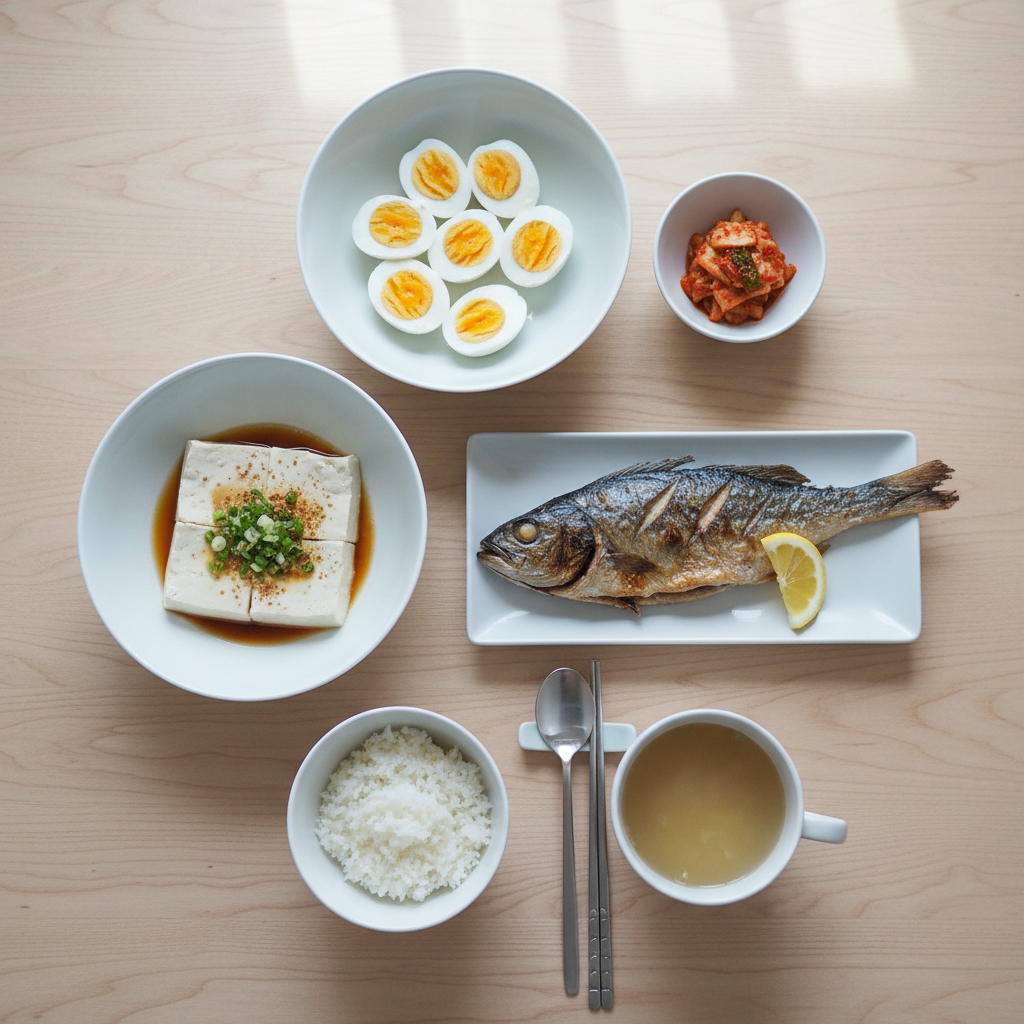 밝은 식탁 위에 놓인 삶은 계란, 두부, 생선구이가 담긴 한식 밥상을 내려다보는 장면