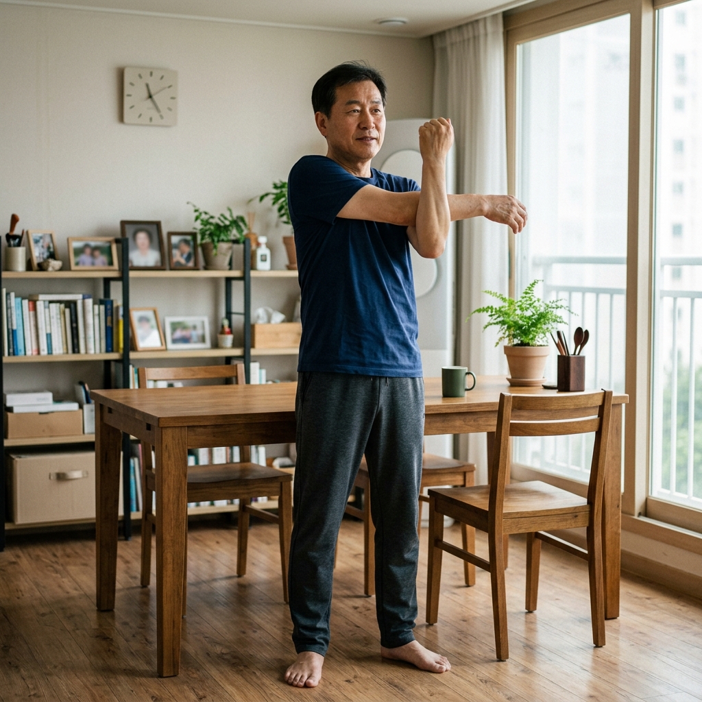 식탁 앞에서 가벼운 스트레칭을 하고 있는 60대 한국인 남성, 얇은 반팔 티셔츠 착용, 밝은 실내 조명