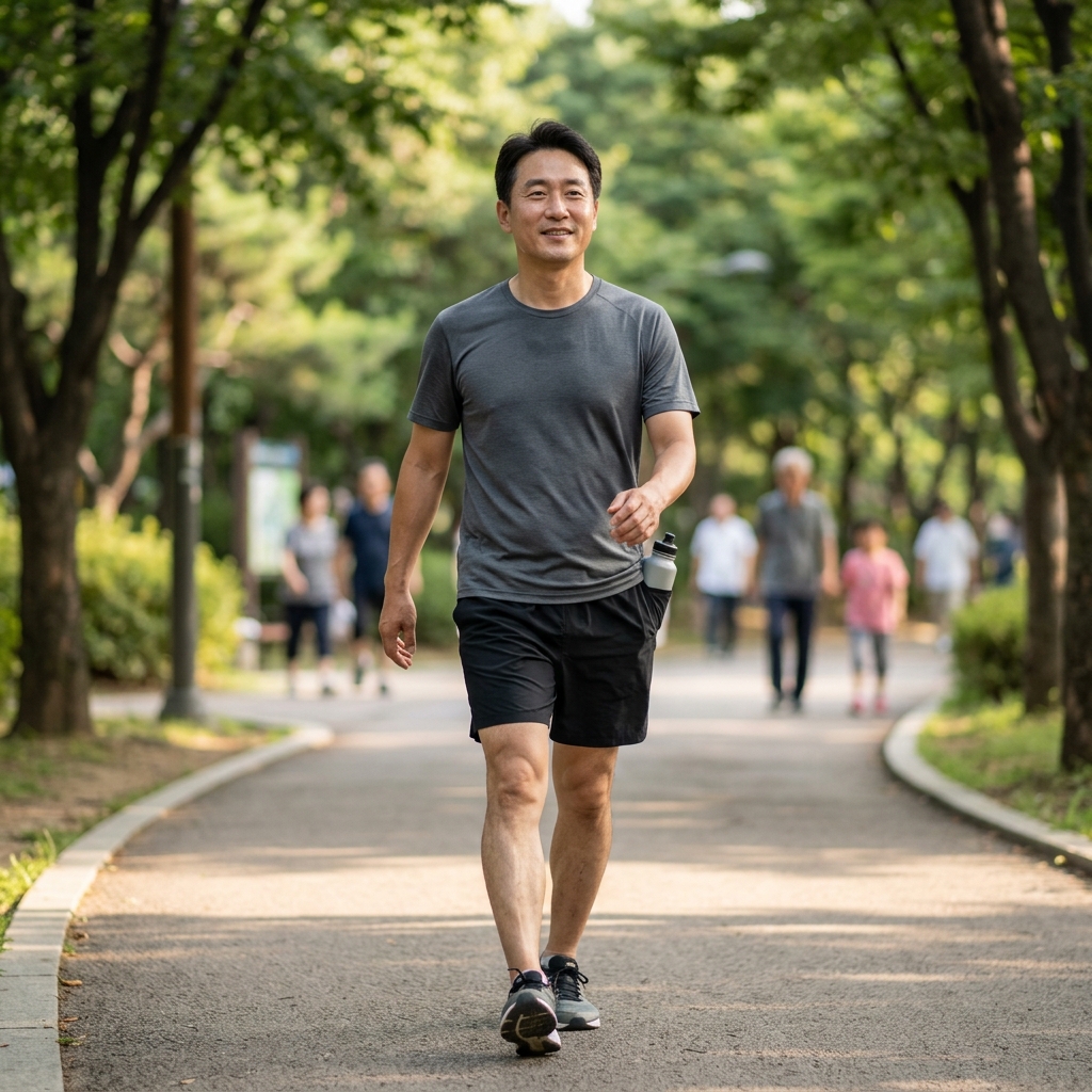 공원에서 가볍게 걷기 운동을 하는 4050 남성, 자연 채광, 반팔 티셔츠와 운동복 착용