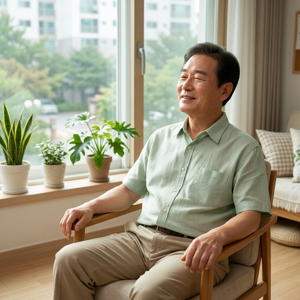 실내 창가에서 가벼운 반팔 셔츠 차림으로 햇빛을 쬐는 70대 한국인 어르신