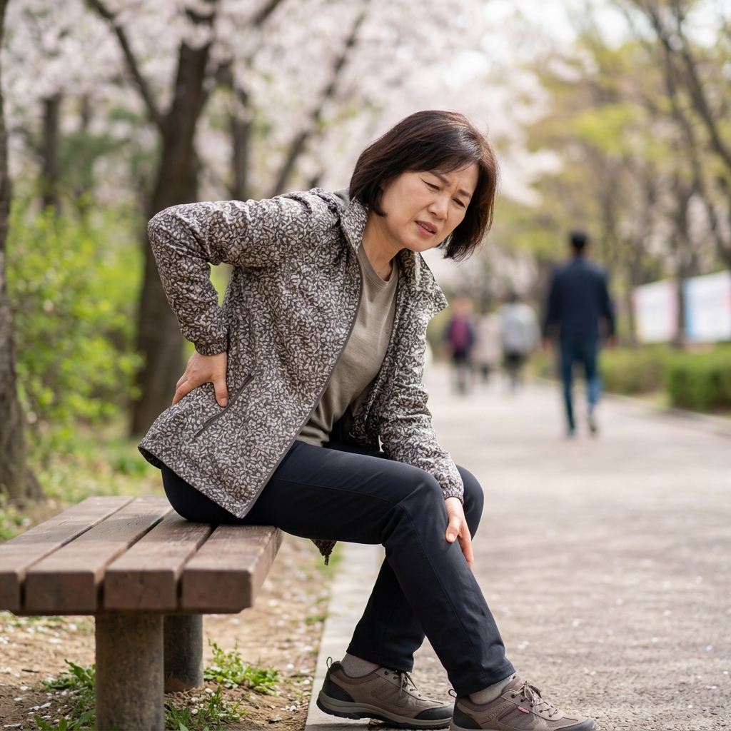 허리 통증으로 다리를 만지며 불편함을 호소하는 한국인 중년 환자
