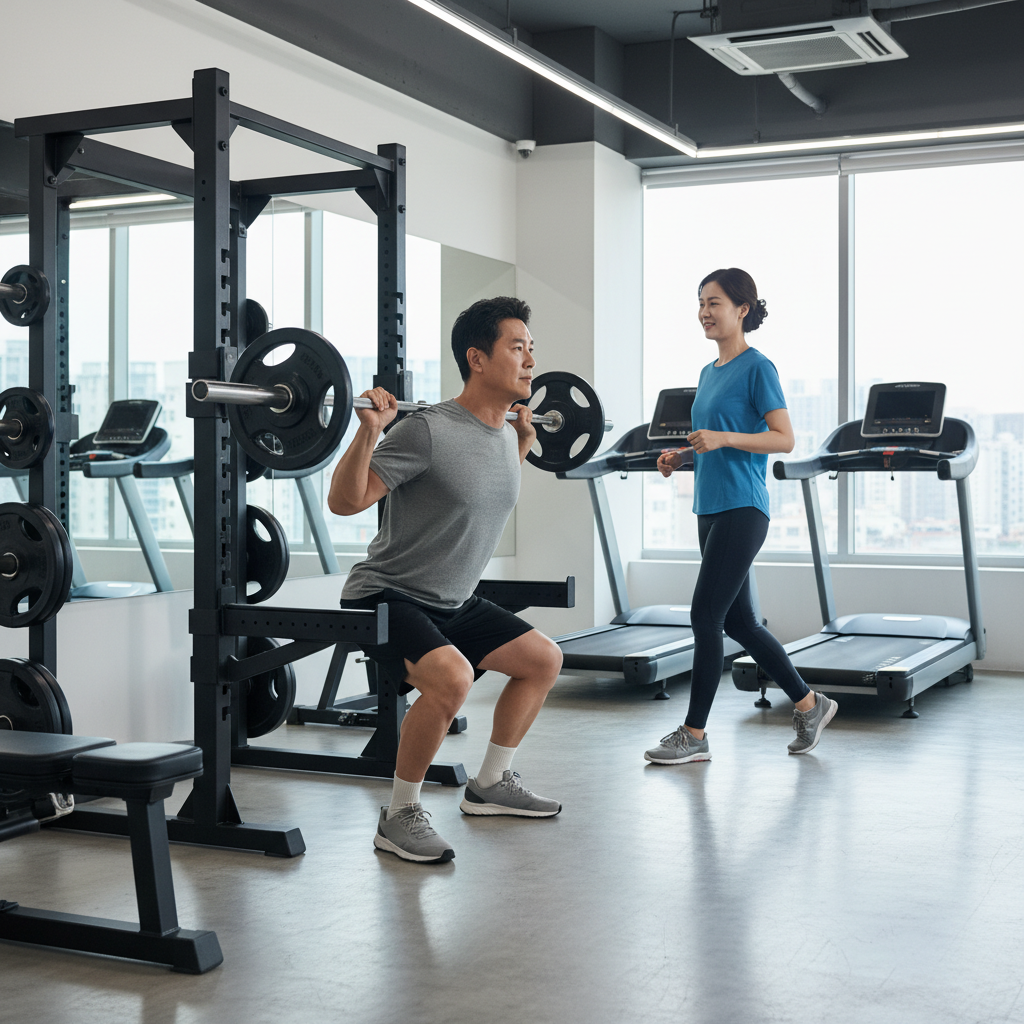 헬스장에서 스쿼트 자세를 취하고 있는 한국인 중년 남성과 트레드밀 위를 걷는 한국인 중년 여성이 함께 있는 장면
