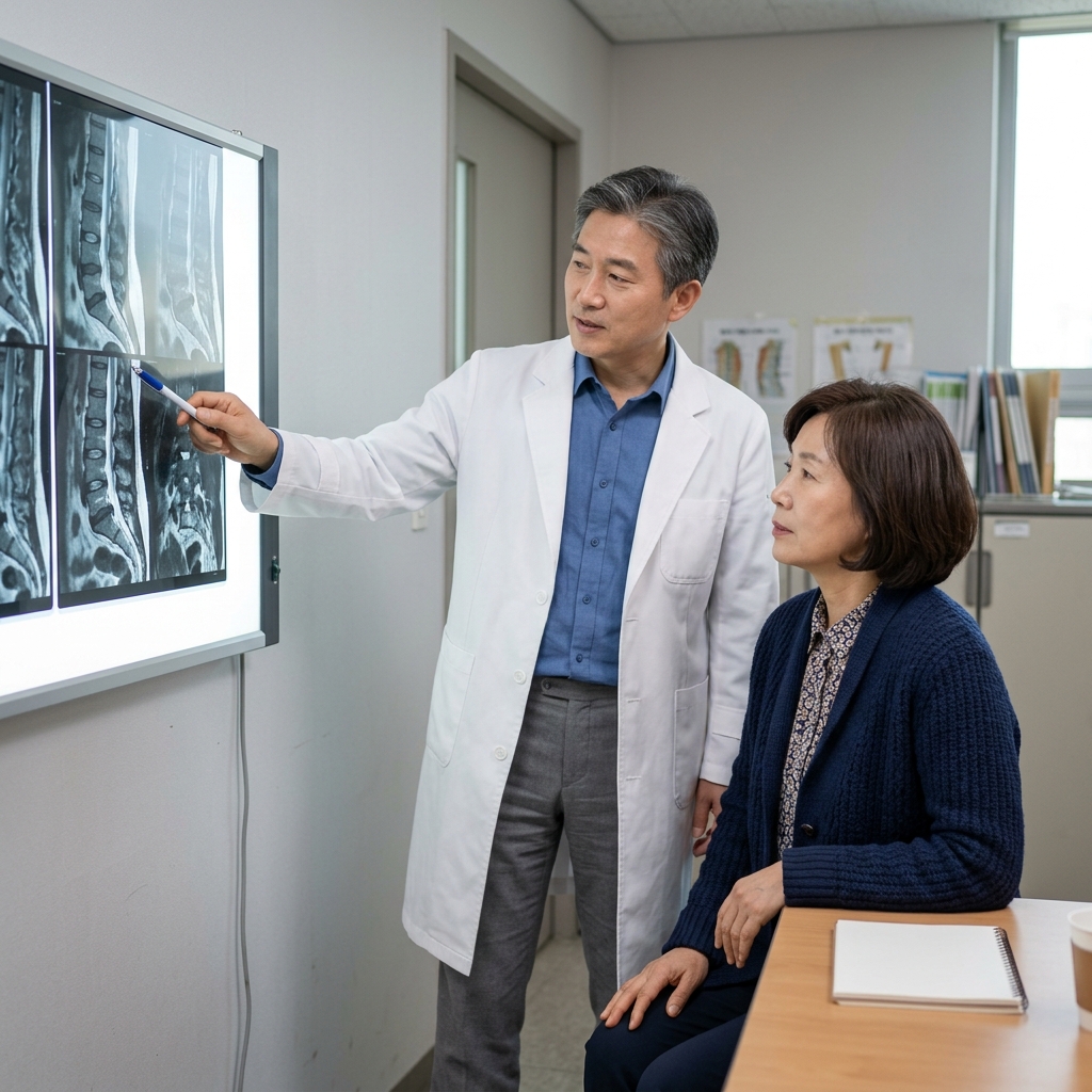 허리 MRI 검사 결과 영상을 보며 설명하는 의료진과 환자