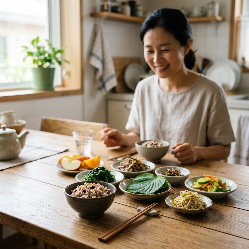 작은 밥그릇에 담긴 잡곡밥과 채소 반찬
