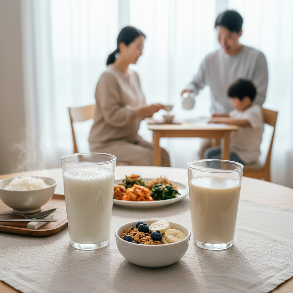 식탁 위에 놓인 우유 한 잔과 두유 한 잔, 자연광 아래 한국인 가정의 아침 식사 풍경