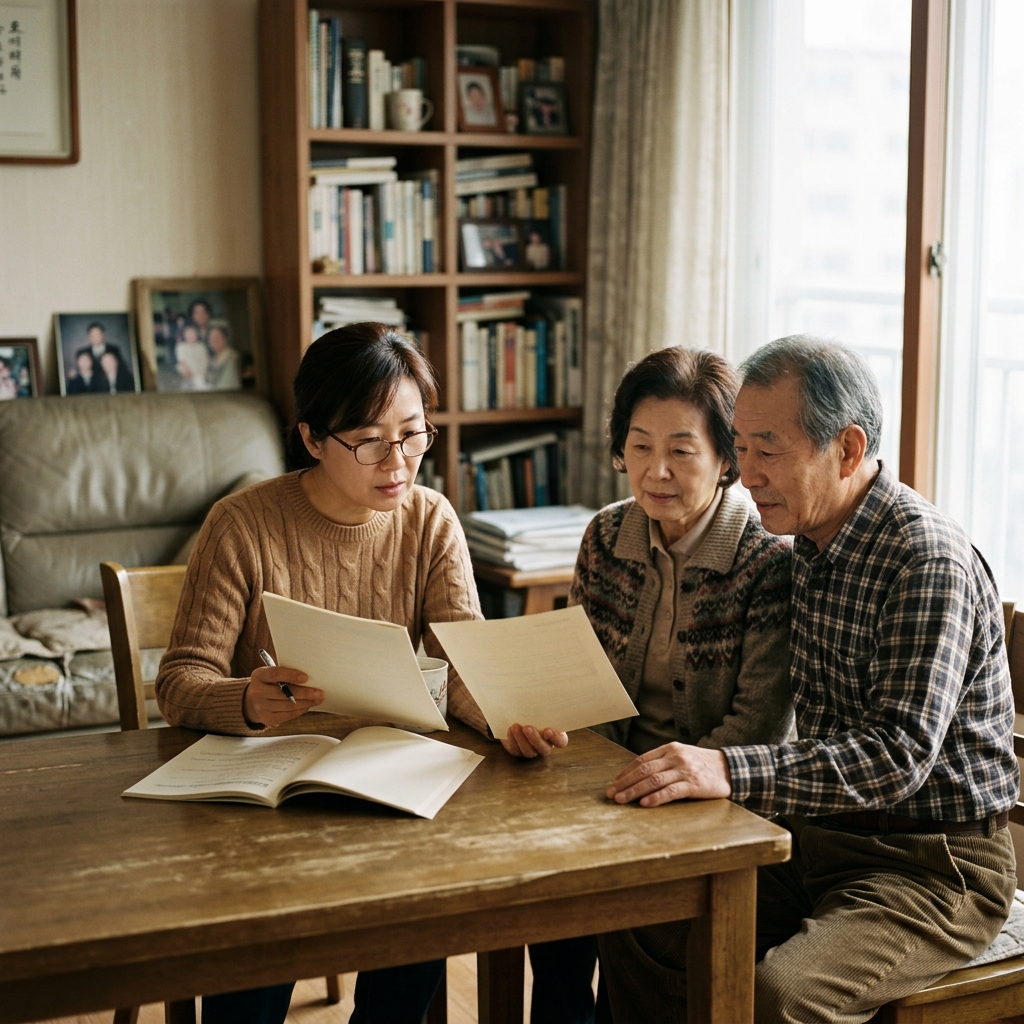 노부모 보험 서류 비교하는 중년 자녀