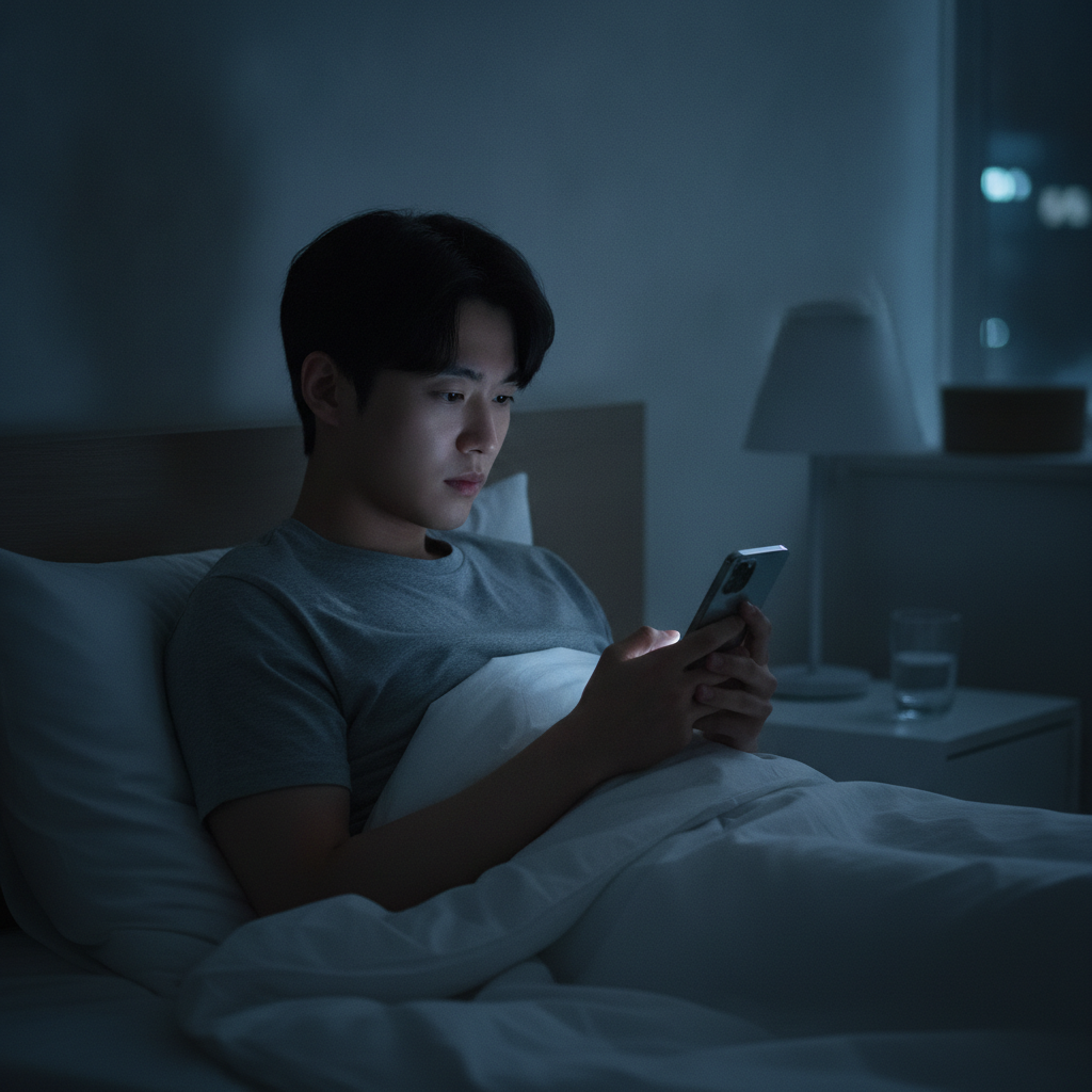 어두운 방에서 침대에 누워 스마트폰을 보고 있는 한국인 청년의 야간 모습