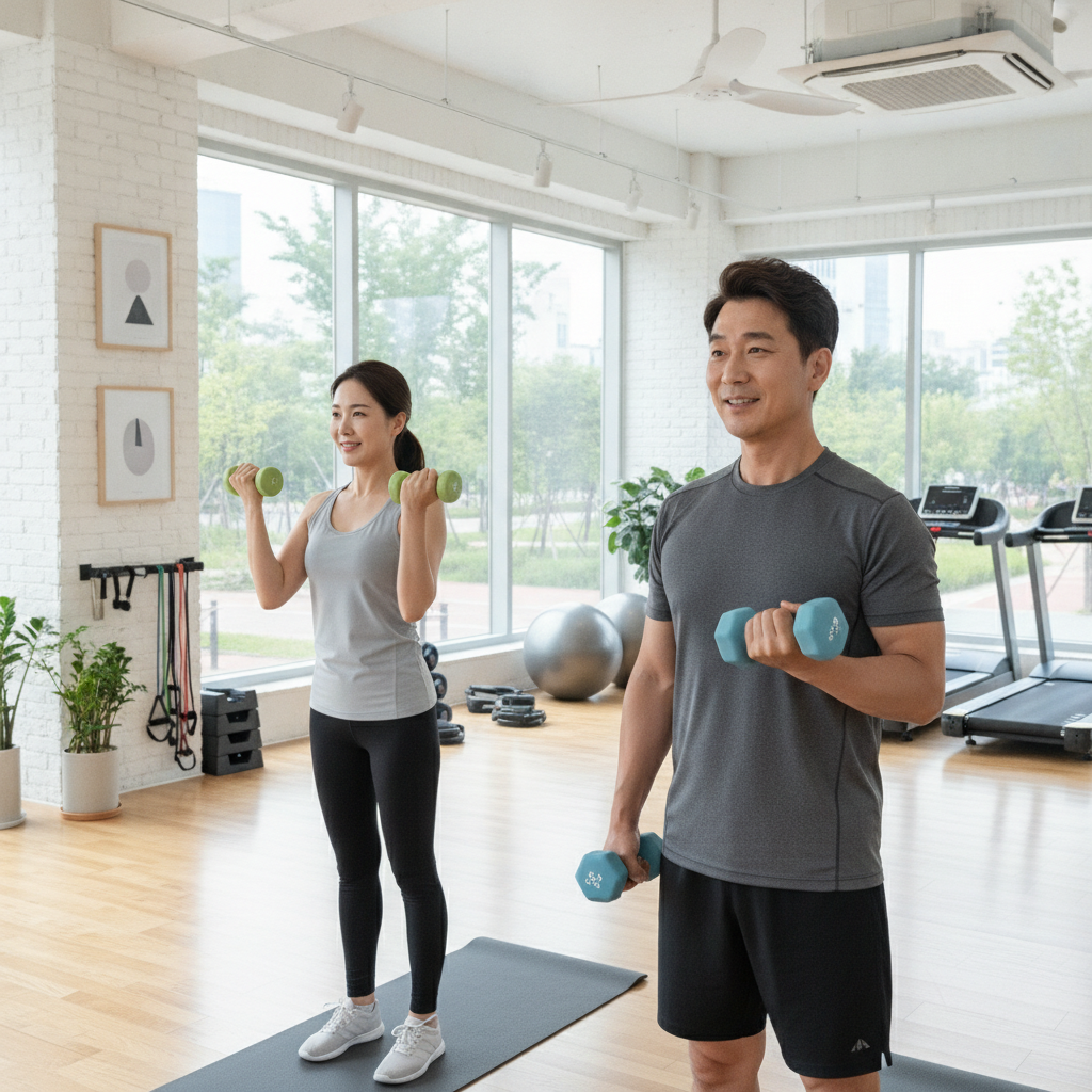 밝은 실내 운동공간에서 가벼운 아령을 들고 운동하는 중년 한국인 남성과 여성의 모습