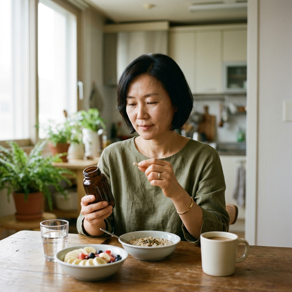 40๋ ํ๊ตญ ์ฌ์ฑ์ด ์์นจ ์ํ์์ ์์์ ๋ฅผ ์์ ๋ค๊ณ ํ์ธํ๋ ๋ชจ์ต
