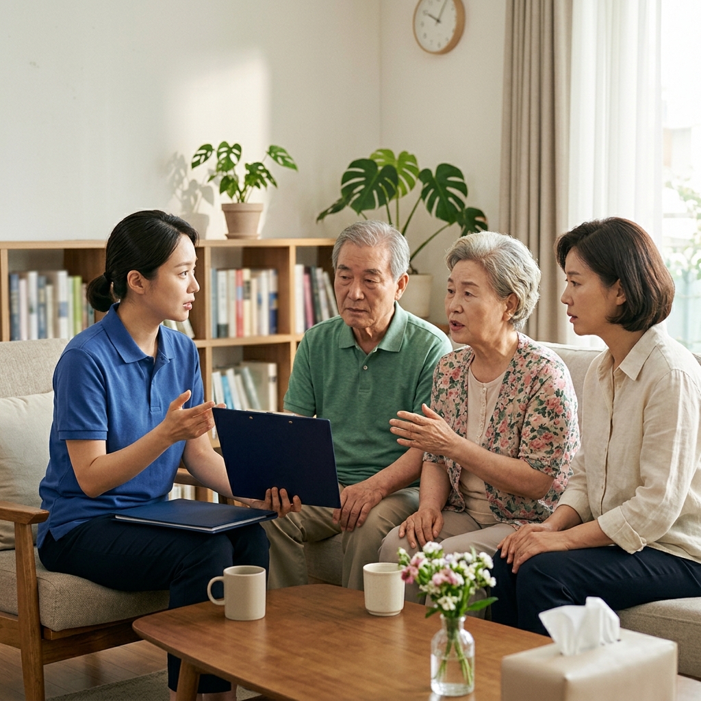 가족과 상담 중인 장기요양 담당자