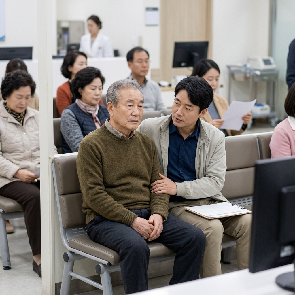 응급실 대기실에서 보호자와 함께 기다리는 고령 환자의 모습