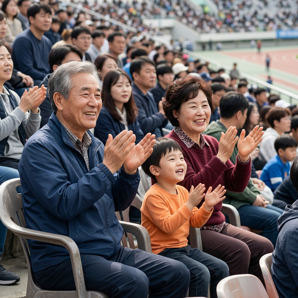 경기장 관중석에서 박수치며 환호하는 조부모와 아이