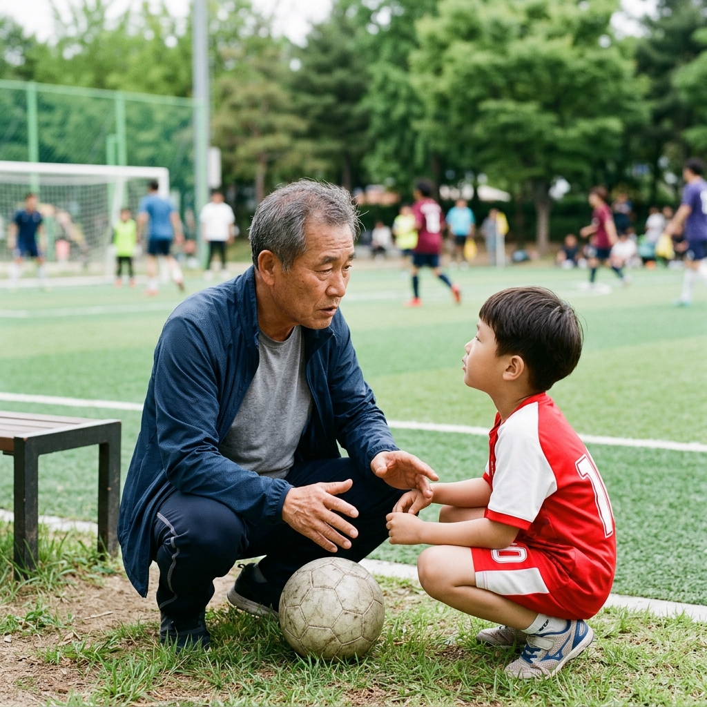 손주에게 경기 규칙을 설명하는 할아버지의 진지한 표정