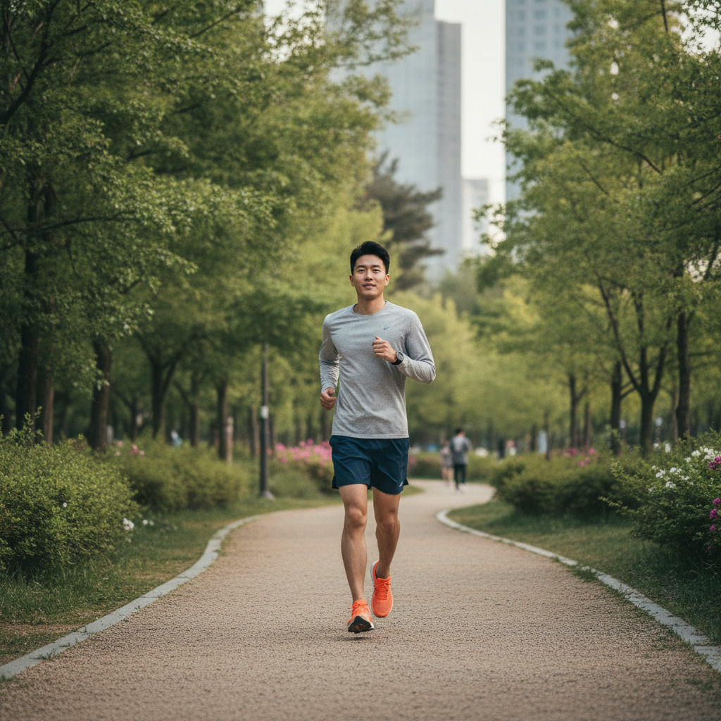 공원 산책로에서 러닝화를 신고 가볍게 달리는 한국인 남성, 자연광, 안정적인 주법
