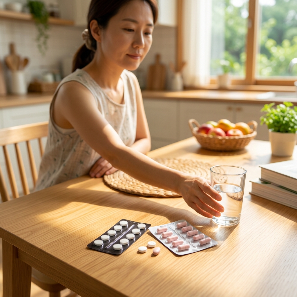 식탁에 진통제 두 종류가 놓인 모습, 밝은 여름 햇살이 비치는 실내 배경