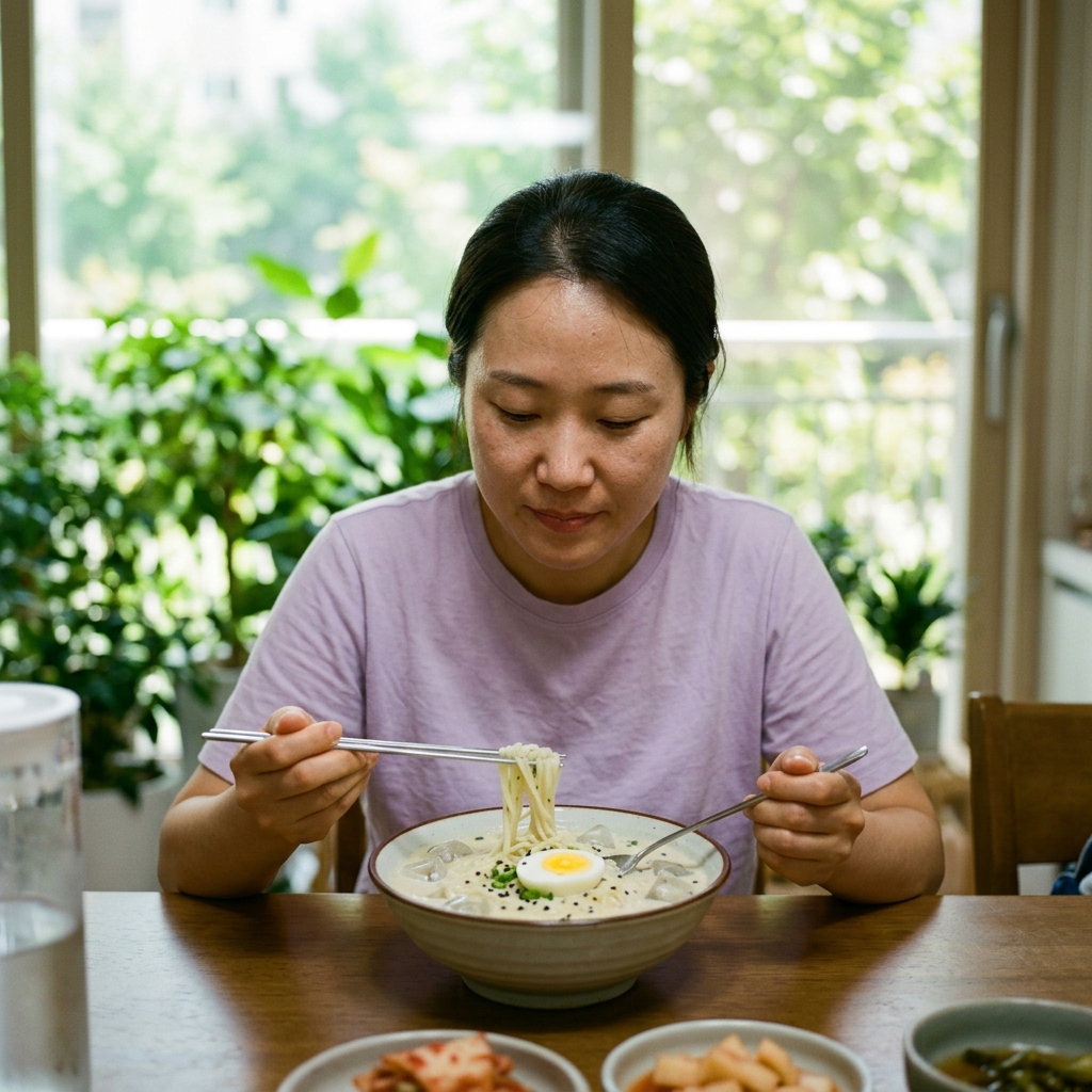 콩국수 한 그릇, 얼음 동동 뜬 차가운 국물 속 면발과 반으로 자른 삶은 달걀, 배경에는 여름철 창밖 초록 식물이 보이는 실내